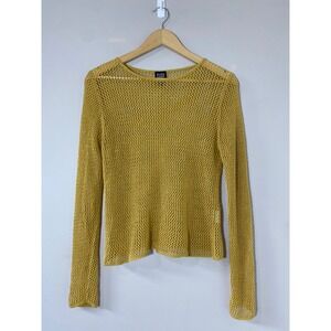 Eileen Fisher Mustard Yellow 100% Linen Mesh Open Knit Sweater Petite Small PS